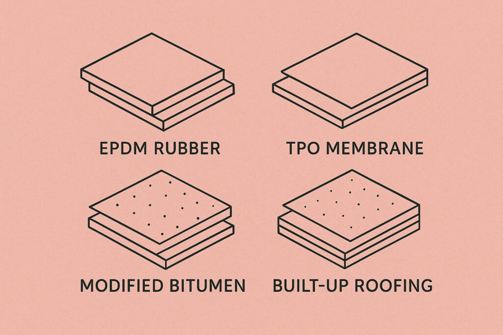 Diagram showing four flat roofing types: EPDM rubber, TPO membrane, modified bitumen, and built-up roofing, each represented by a simple line illustration.