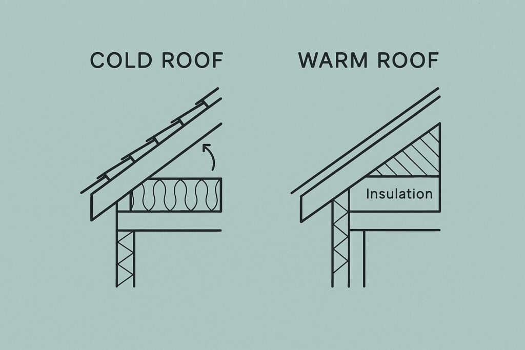 Diagram comparing cold roof and warm roof designs, showing insulation below rafters in the cold roof and above rafters in the warm roof.