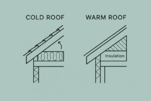 Diagram comparing cold roof and warm roof designs, showing insulation below rafters in the cold roof and above rafters in the warm roof.