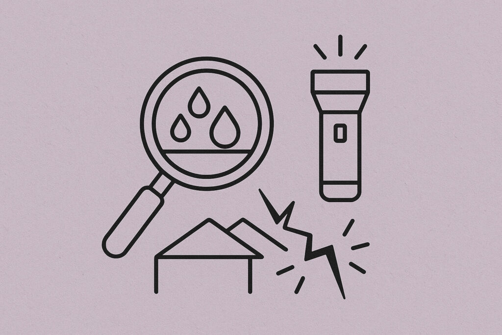 Black line icons on a light background showing a magnifying glass with water drops, a flashlight, a house, and a crack, suggesting home inspection or damage assessment.